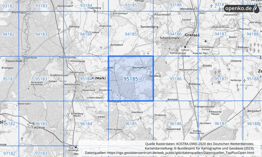Übersichtskarte des KOSTRA-DWD-2020-Rasterfeldes Nr. 95185