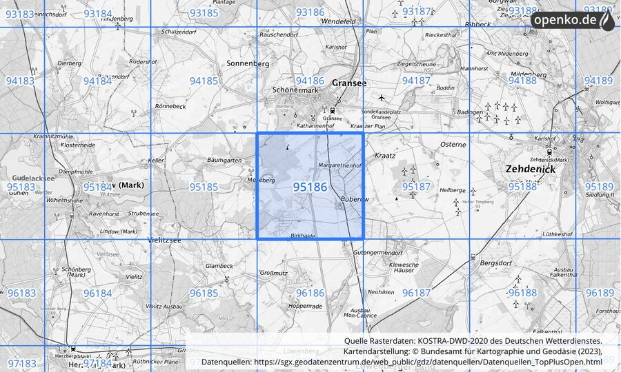 Übersichtskarte des KOSTRA-DWD-2020-Rasterfeldes Nr. 95186