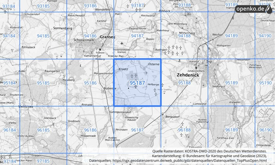 Übersichtskarte des KOSTRA-DWD-2020-Rasterfeldes Nr. 95187