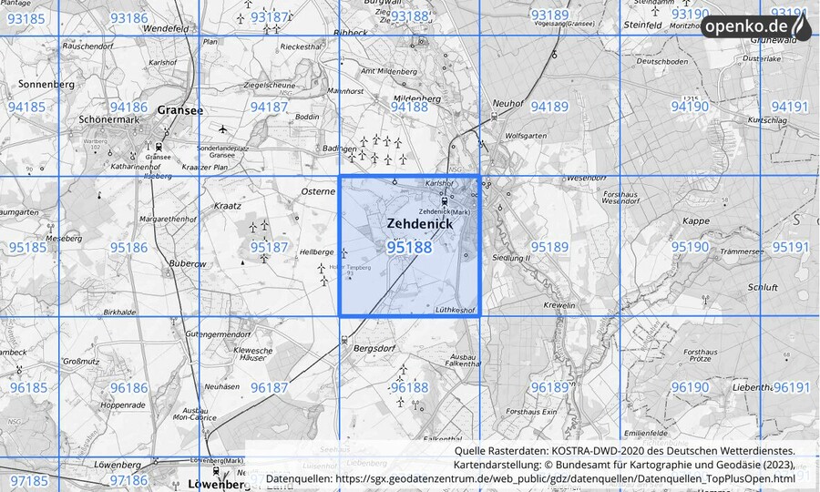Übersichtskarte des KOSTRA-DWD-2020-Rasterfeldes Nr. 95188