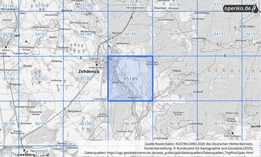 Übersichtskarte des KOSTRA-DWD-2020-Rasterfeldes Nr. 95189