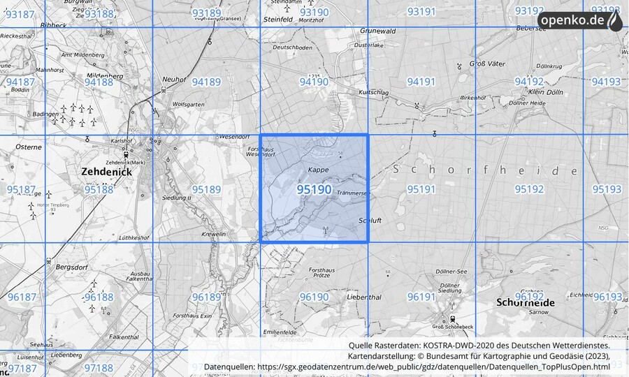 Übersichtskarte des KOSTRA-DWD-2020-Rasterfeldes Nr. 95190