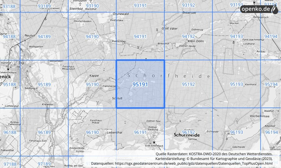 Übersichtskarte des KOSTRA-DWD-2020-Rasterfeldes Nr. 95191