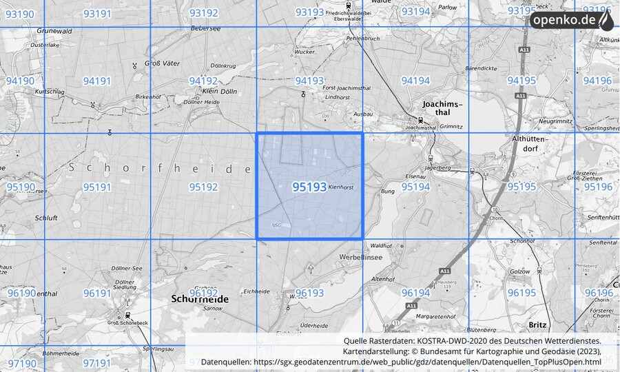 Übersichtskarte des KOSTRA-DWD-2020-Rasterfeldes Nr. 95193