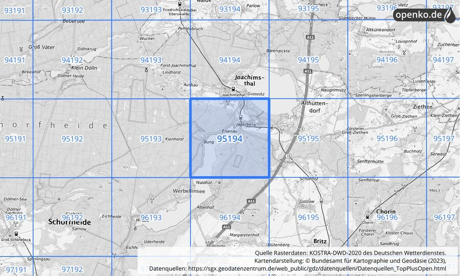 Übersichtskarte des KOSTRA-DWD-2020-Rasterfeldes Nr. 95194