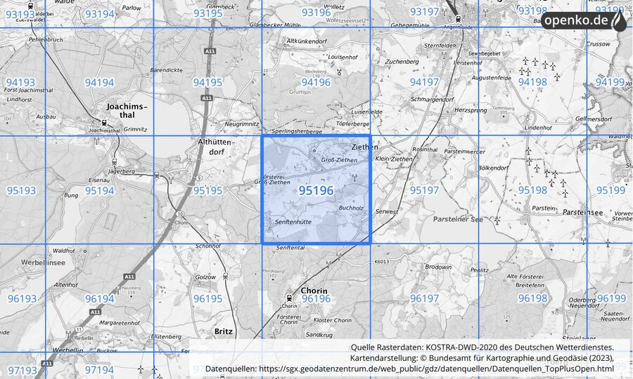 Übersichtskarte des KOSTRA-DWD-2020-Rasterfeldes Nr. 95196