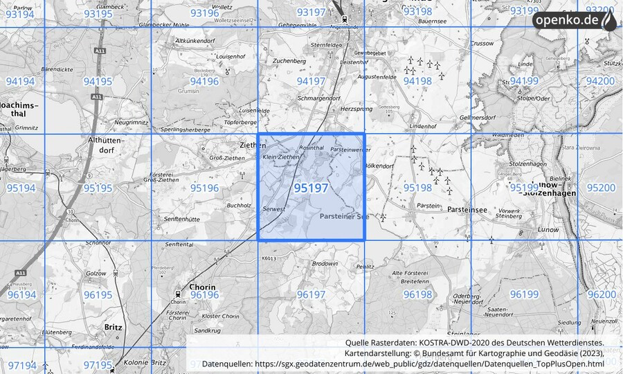 Übersichtskarte des KOSTRA-DWD-2020-Rasterfeldes Nr. 95197