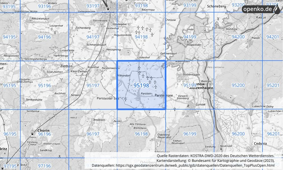 Übersichtskarte des KOSTRA-DWD-2020-Rasterfeldes Nr. 95198