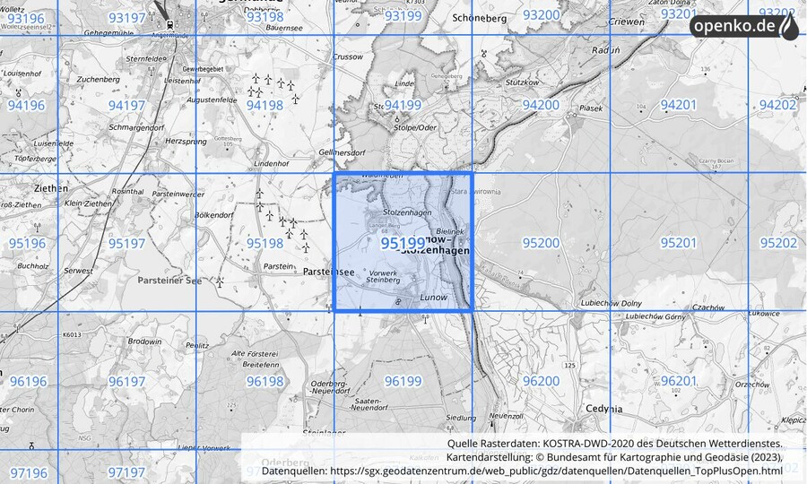 Übersichtskarte des KOSTRA-DWD-2020-Rasterfeldes Nr. 95199