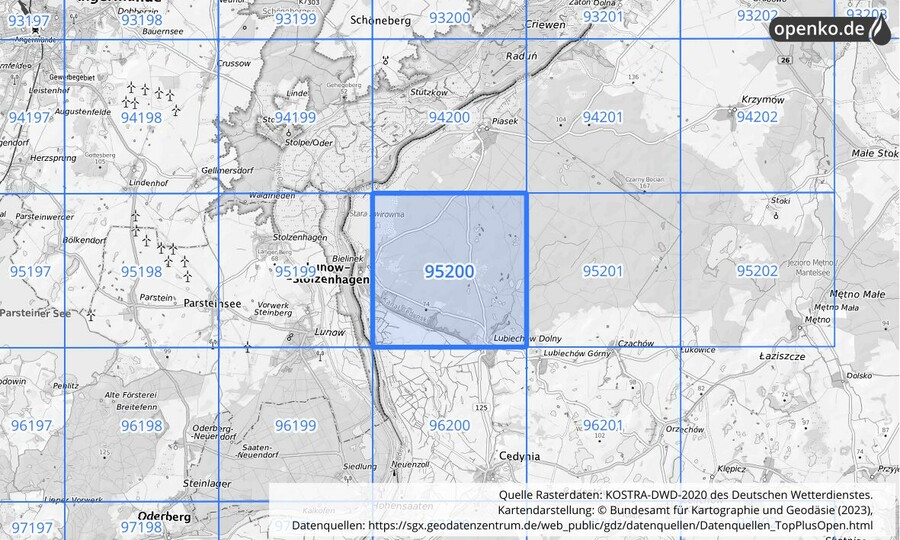 Übersichtskarte des KOSTRA-DWD-2020-Rasterfeldes Nr. 95200