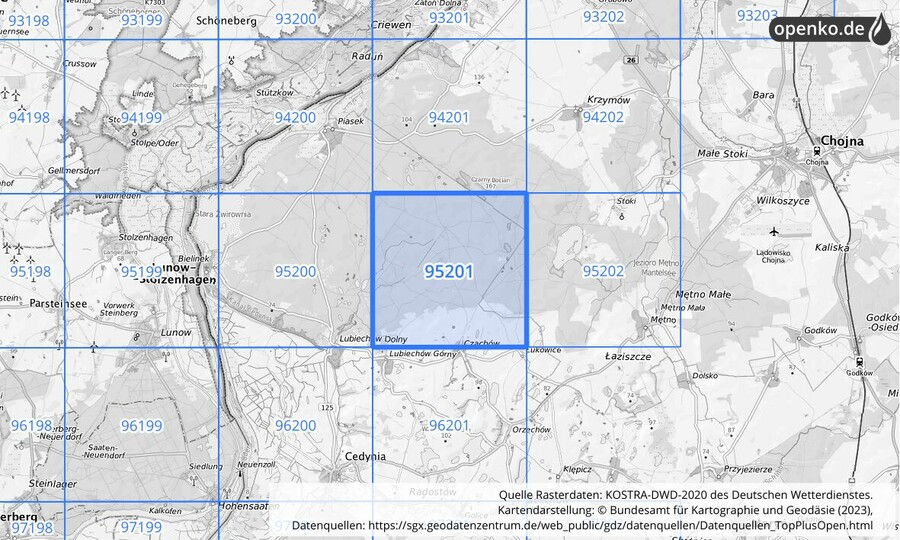 Übersichtskarte des KOSTRA-DWD-2020-Rasterfeldes Nr. 95201