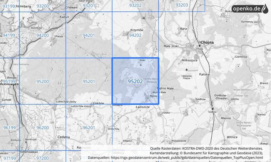 Übersichtskarte des KOSTRA-DWD-2020-Rasterfeldes Nr. 95202