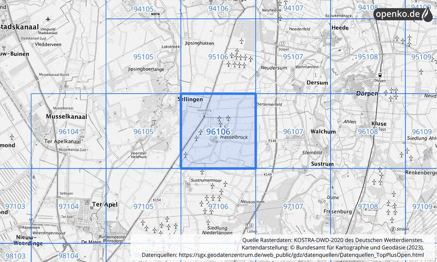 Übersichtskarte des KOSTRA-DWD-2020-Rasterfeldes Nr. 96106