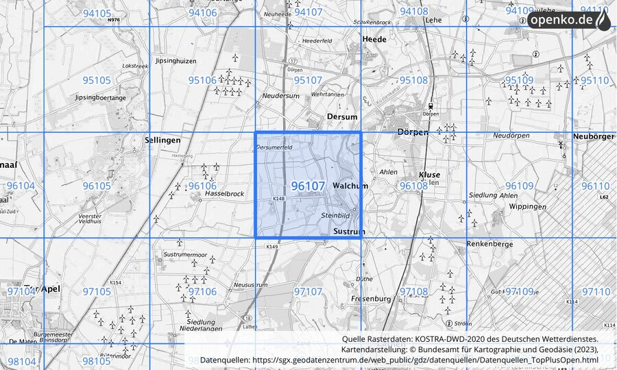 Übersichtskarte des KOSTRA-DWD-2020-Rasterfeldes Nr. 96107