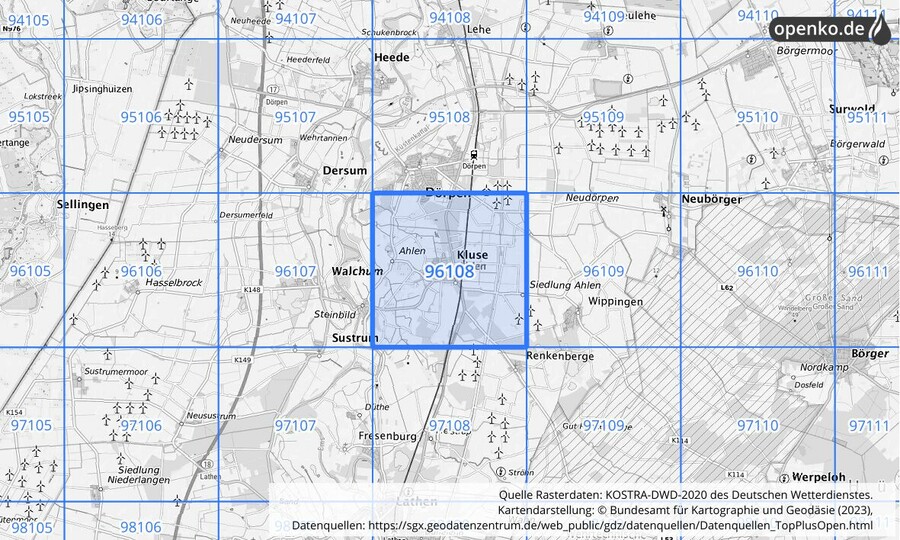 Übersichtskarte des KOSTRA-DWD-2020-Rasterfeldes Nr. 96108