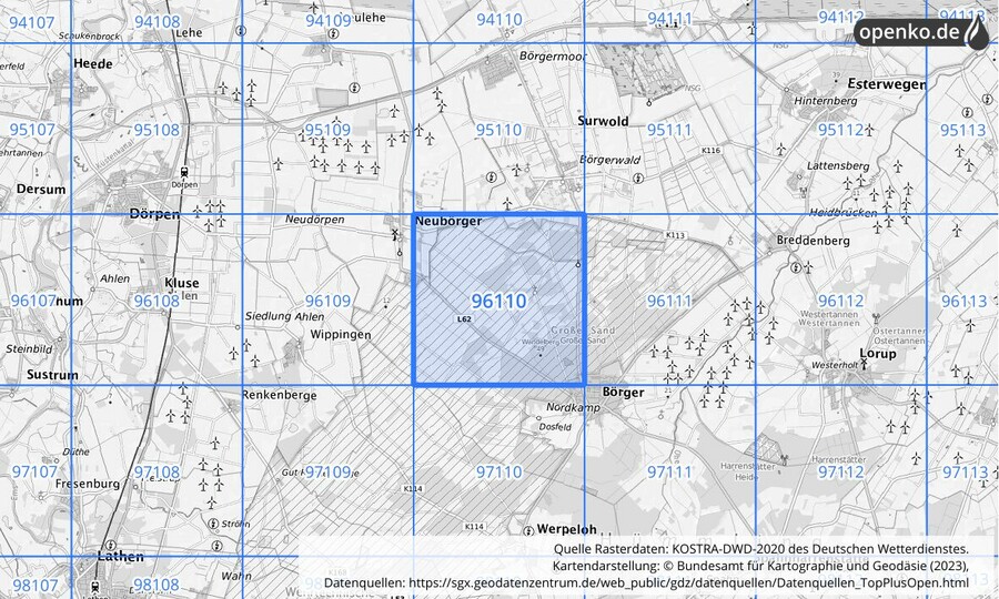 Übersichtskarte des KOSTRA-DWD-2020-Rasterfeldes Nr. 96110