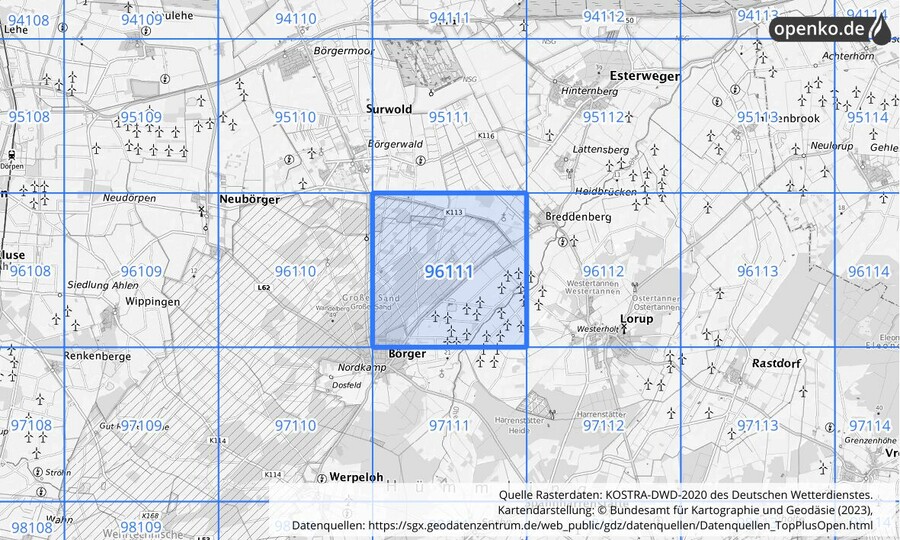 Übersichtskarte des KOSTRA-DWD-2020-Rasterfeldes Nr. 96111