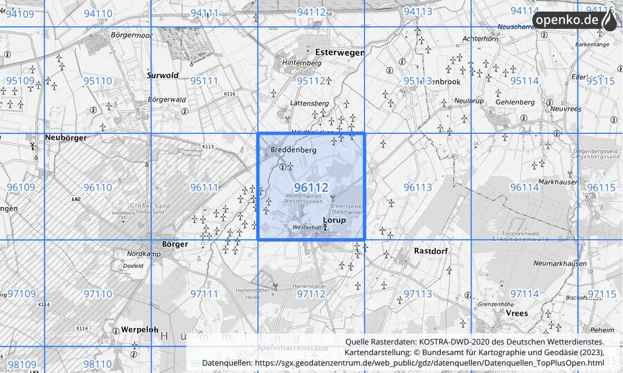 Übersichtskarte des KOSTRA-DWD-2020-Rasterfeldes Nr. 96112