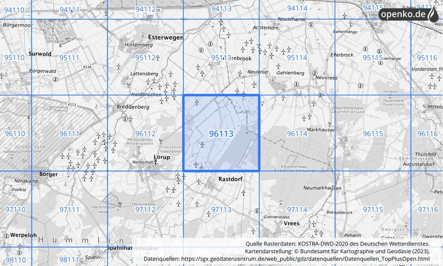 Übersichtskarte des KOSTRA-DWD-2020-Rasterfeldes Nr. 96113