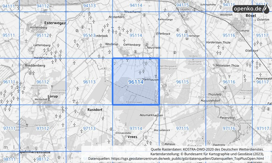 Übersichtskarte des KOSTRA-DWD-2020-Rasterfeldes Nr. 96114