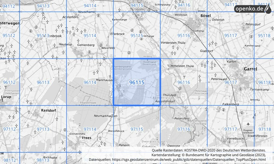 Übersichtskarte des KOSTRA-DWD-2020-Rasterfeldes Nr. 96115