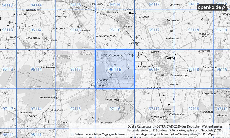 Übersichtskarte des KOSTRA-DWD-2020-Rasterfeldes Nr. 96116