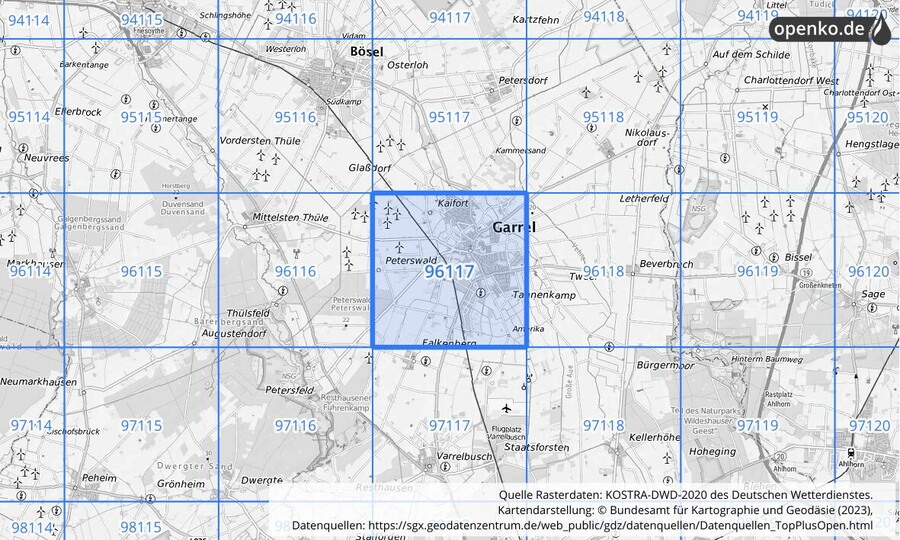Übersichtskarte des KOSTRA-DWD-2020-Rasterfeldes Nr. 96117
