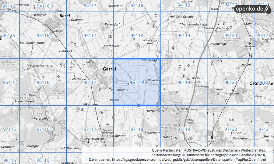 Übersichtskarte des KOSTRA-DWD-2020-Rasterfeldes Nr. 96118