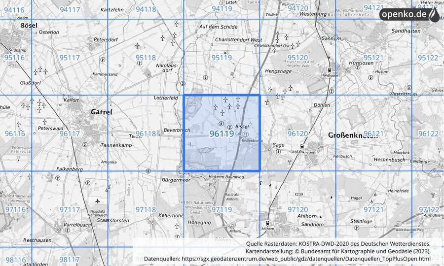 Übersichtskarte des KOSTRA-DWD-2020-Rasterfeldes Nr. 96119