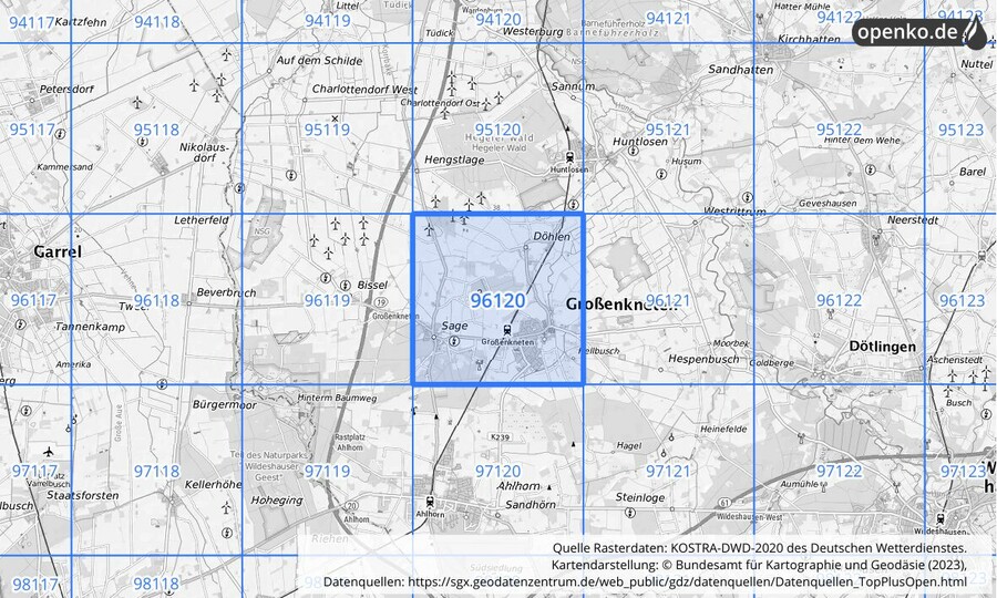 Übersichtskarte des KOSTRA-DWD-2020-Rasterfeldes Nr. 96120