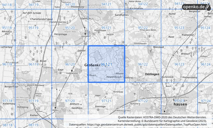 Übersichtskarte des KOSTRA-DWD-2020-Rasterfeldes Nr. 96121