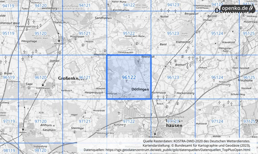 Übersichtskarte des KOSTRA-DWD-2020-Rasterfeldes Nr. 96122