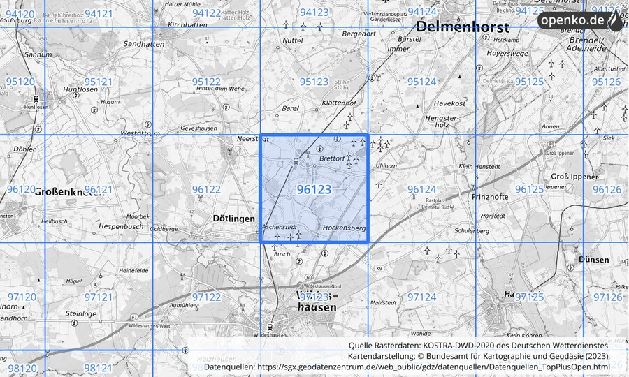 Übersichtskarte des KOSTRA-DWD-2020-Rasterfeldes Nr. 96123