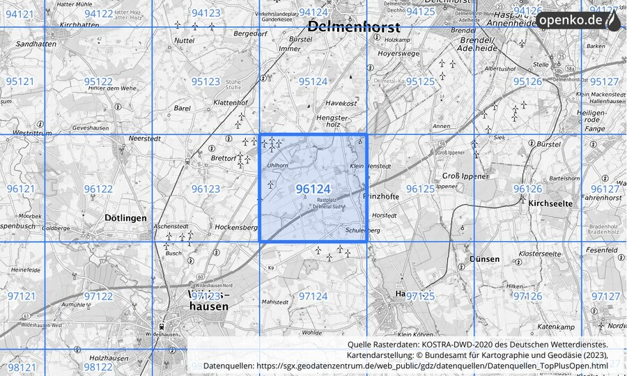 Übersichtskarte des KOSTRA-DWD-2020-Rasterfeldes Nr. 96124