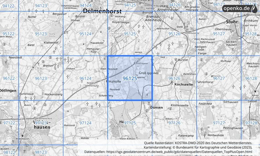 Übersichtskarte des KOSTRA-DWD-2020-Rasterfeldes Nr. 96125