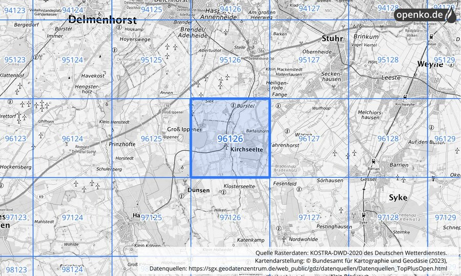 Übersichtskarte des KOSTRA-DWD-2020-Rasterfeldes Nr. 96126