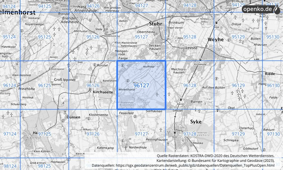 Übersichtskarte des KOSTRA-DWD-2020-Rasterfeldes Nr. 96127