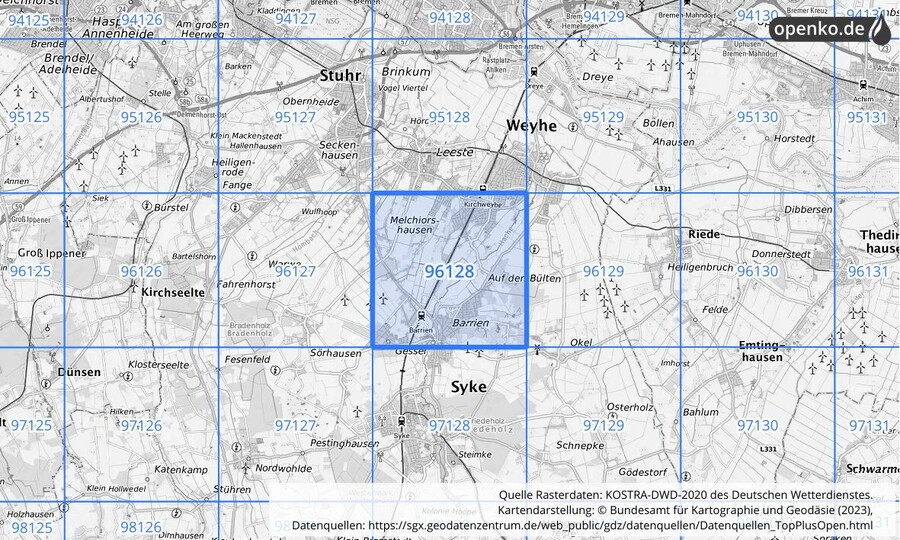 Übersichtskarte des KOSTRA-DWD-2020-Rasterfeldes Nr. 96128