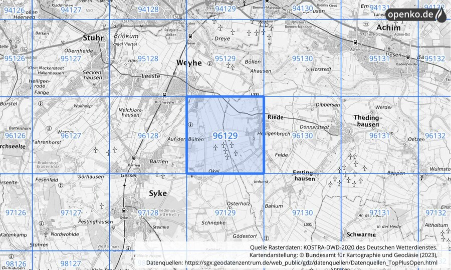 Übersichtskarte des KOSTRA-DWD-2020-Rasterfeldes Nr. 96129