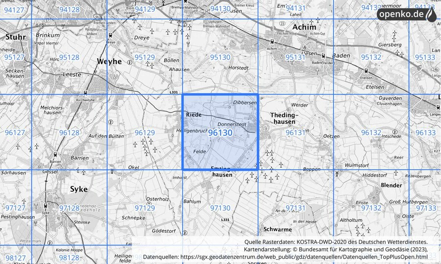Übersichtskarte des KOSTRA-DWD-2020-Rasterfeldes Nr. 96130