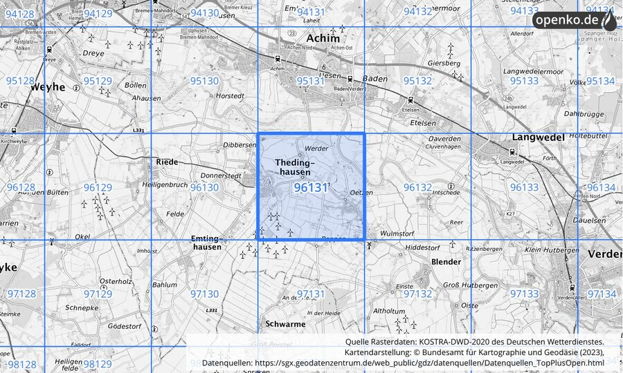 Übersichtskarte des KOSTRA-DWD-2020-Rasterfeldes Nr. 96131