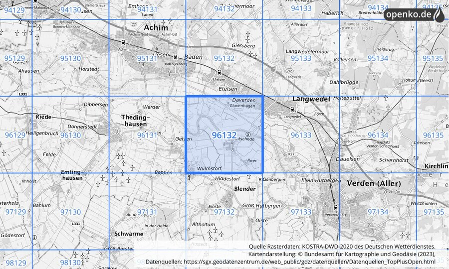 Übersichtskarte des KOSTRA-DWD-2020-Rasterfeldes Nr. 96132