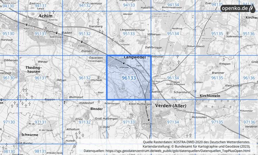 Übersichtskarte des KOSTRA-DWD-2020-Rasterfeldes Nr. 96133