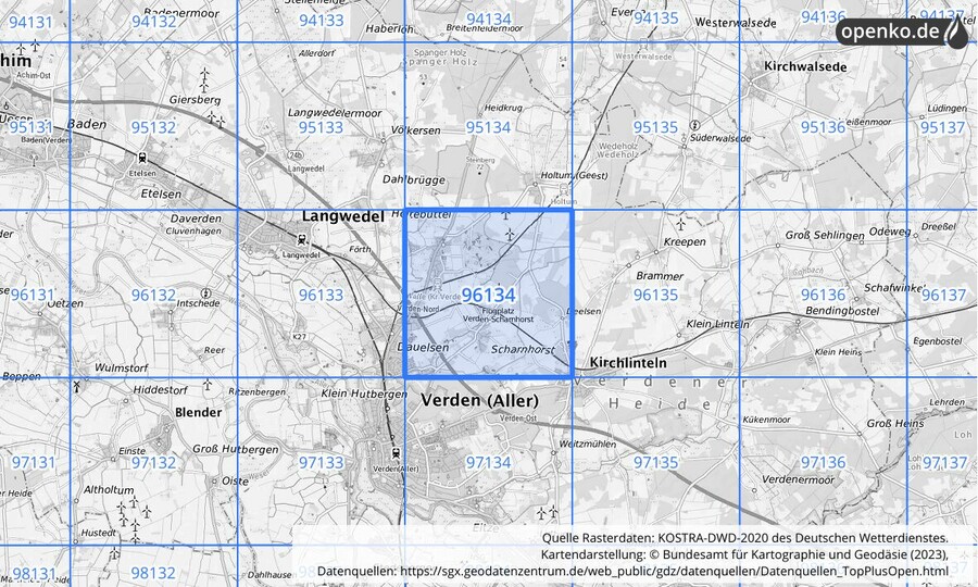 Übersichtskarte des KOSTRA-DWD-2020-Rasterfeldes Nr. 96134