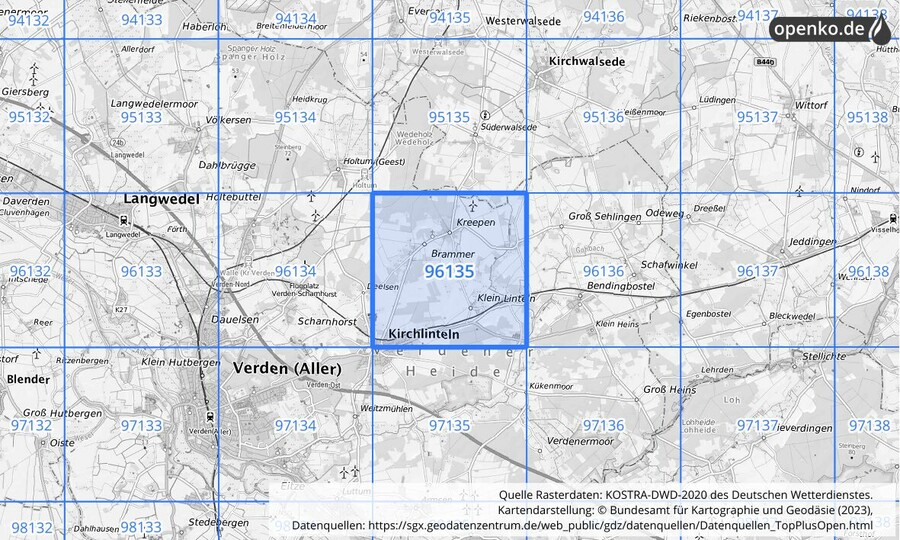 Übersichtskarte des KOSTRA-DWD-2020-Rasterfeldes Nr. 96135