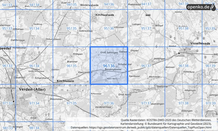 Übersichtskarte des KOSTRA-DWD-2020-Rasterfeldes Nr. 96136