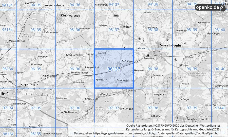 Übersichtskarte des KOSTRA-DWD-2020-Rasterfeldes Nr. 96137