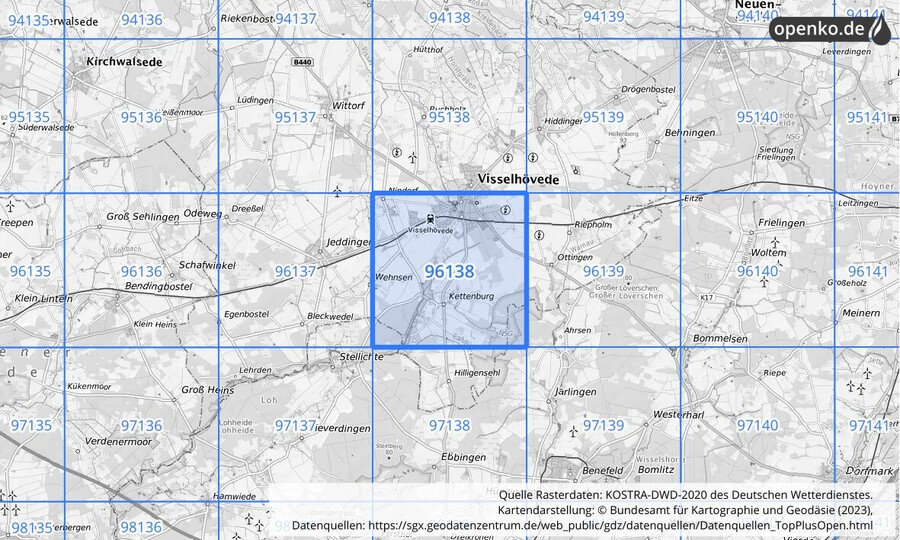 Übersichtskarte des KOSTRA-DWD-2020-Rasterfeldes Nr. 96138