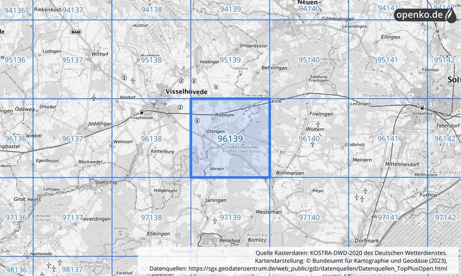 Übersichtskarte des KOSTRA-DWD-2020-Rasterfeldes Nr. 96139