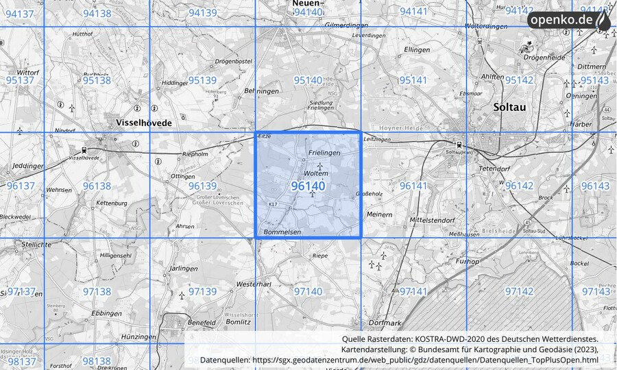 Übersichtskarte des KOSTRA-DWD-2020-Rasterfeldes Nr. 96140